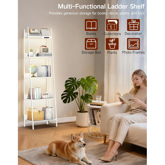 Ярусна вузька полиця-драбина зі світлодіодним підсвічуванням, сенсорним керуванням та дистанційним керуванням, 3 колірні температури, висока окремостояча полиця з регульованою яскравістю, виготовлена з металу та дерева для вітальні, спальні, офісу, біла, 