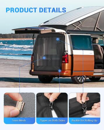Москітна сітка SUPAREE 6&39x5&39 для багажника VW T5, захист від комах для фургонів та кемперів, із застібками-блискавкою та липучками для будинків на колесах, караванів та кемперів VW T5 та T6, чорна, 185 x 155 см