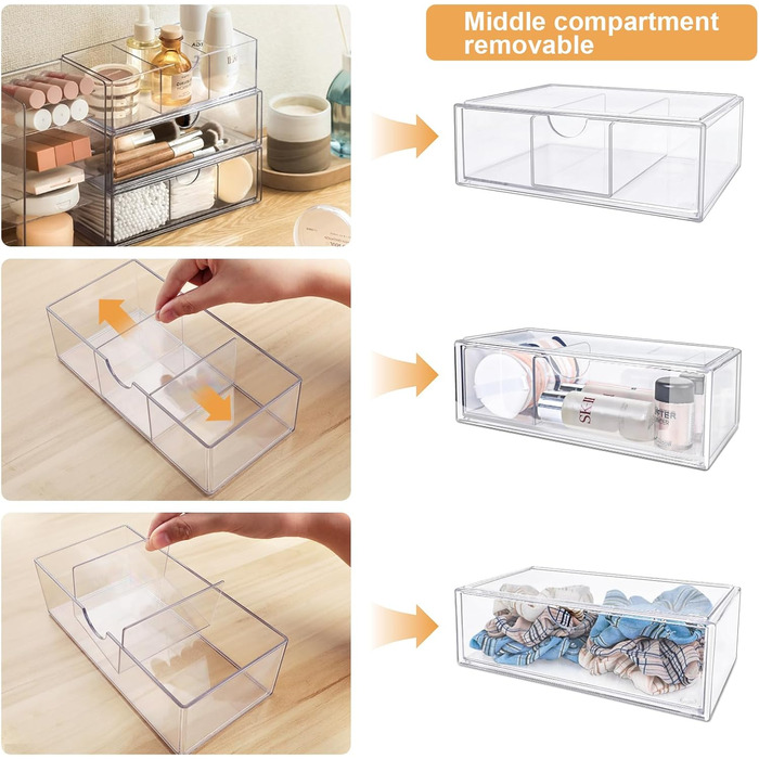 Міні-органайзер для ванної кімнати з шухлядами, комплект з 3 шт. , виготовлений з акрилу, штабелюється, прозорий, для комода, туалетного столика, дзеркальної шафки, всередині, 3 комплекти, 21Г x 21Ш x 10В см