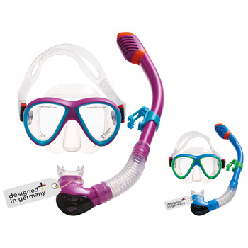 Набір для підводного плавання La Gomera Pro Jr. для дітей Розроблено в Німеччині Професійний силіконовий 2-елементний дитячий дайвінг-набір (маска для підводного плавання, трубка та сітчаста сумка) з сухою трубкою та захисною лінзою рожевого/блакитного ко