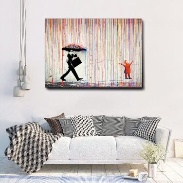 Картина - Бенксі - Дощ фарб - Полотно преміум класу в рамці товщиною 5 см - 140x100 - Готове до повішення - Сучасний живопис для д