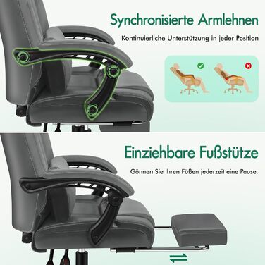 Офісний стілець ALFORDSON, Комп&39ютерний стілець, Робочий стілець зі штучної шкіри, вантажопідйомність 150 кг, спинка 90-135, регульований по висоті ергономічний комп&39ютерний стілець, Grey Boss - Grey