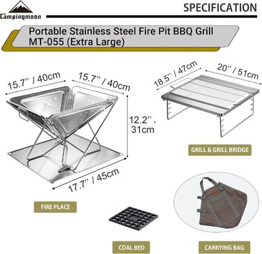 Портативний дров'яний барбекю з нержавіючої сталі та вогнище 50,8 см з сумкою для перенесення MT-055 Extra Large
