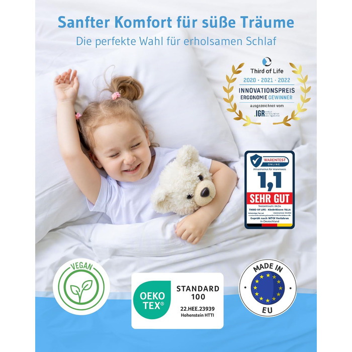 Дитяча подушка 40x60, Регульована по висоті дитяча подушка від 3 років, Екологічно чиста дитяча подушка TILLA - зроблено в ЄС, Зат