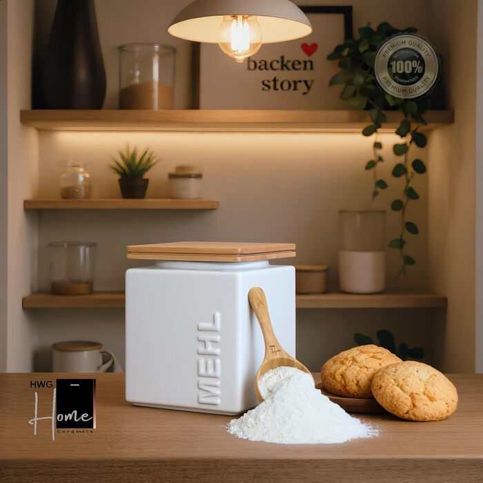 Герметичний контейнер для зберігання борошна 1 кг - Керамічний контейнер для борошна, включаючи бамбукову мірну ложку - Бамбукова кришка для тривалого зберігання - Квадратний та компактний, що штабелюється, колір борошна білий