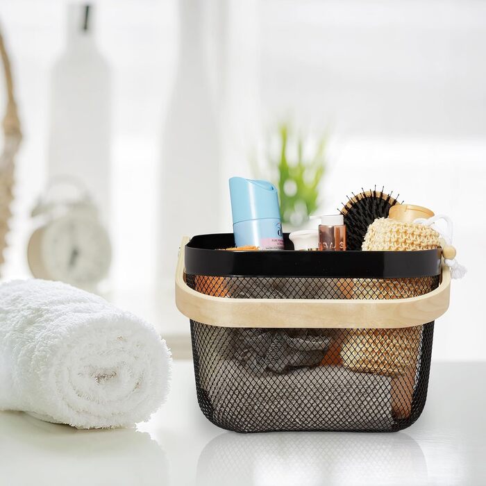 Дротяний кошик Relaxdays з ручкою, комплект з 2 шт. , металевий, бамбук, ВxШxГ 17,5 x 26 x 24,5 см, квадратний кошик для зберігання, чорний