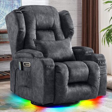 Моторне електричне регульоване крісло-реклайнер з функцією нахилу, поворотне крісло для телевізора з масажем та підігрівом, крісло для кінотеатру з USB/LED/Type C, до 150 кг (оксамитово-сірий, 1) Оксамитово-сірий 1, 2-