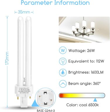 Лампа Aigostar Холодні білі люмінесцентні трубки 2-контактний ПЛК 26 Вт G24 6400K 1560 лм Енергозберігаюча лампа, упаковка 5 шт.