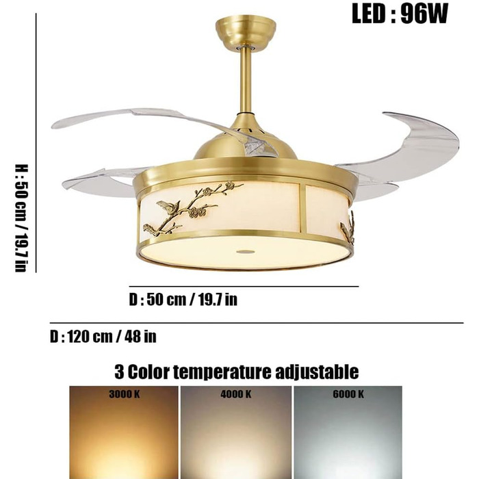 Латунний 48-дюймовий 96-ваттний світлодіодний стельовий вентилятор з частотним перетворенням, регульованою колірною температурою,