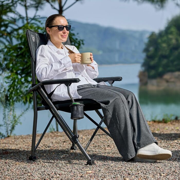 Складане кемпінгове крісло TIMBER RIDGE, вантажопідйомність 150 кг, регульована поперекова опора, складне крісло з підсклянником, сумка для перенесення, крісло для риболовлі, складне крісло, крісло з високою спинкою для кемпінгу, саду, балкону, пікніка, ч