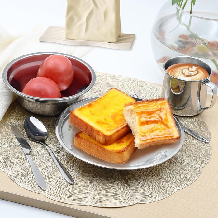 Набір столових приборів з нержавіючої сталі з 29 предметів миски, тарілки, чашки, виделки, ложки та ножі для 4 осіб, сріблястий