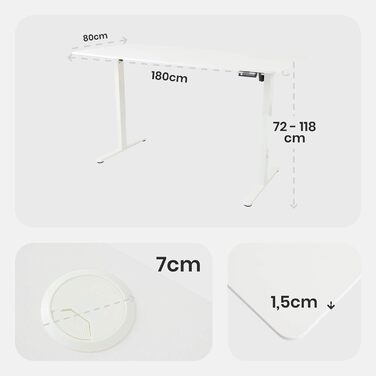 Електрично регульований стіл Arebos з висотою 180x80 см Функція пам&39яті Регульований комп&39ютерний стіл 72-118 см Стіл для роботи стоячи Ергономічний офісний стіл Стіл для роботи сидячи та стоячи Білий