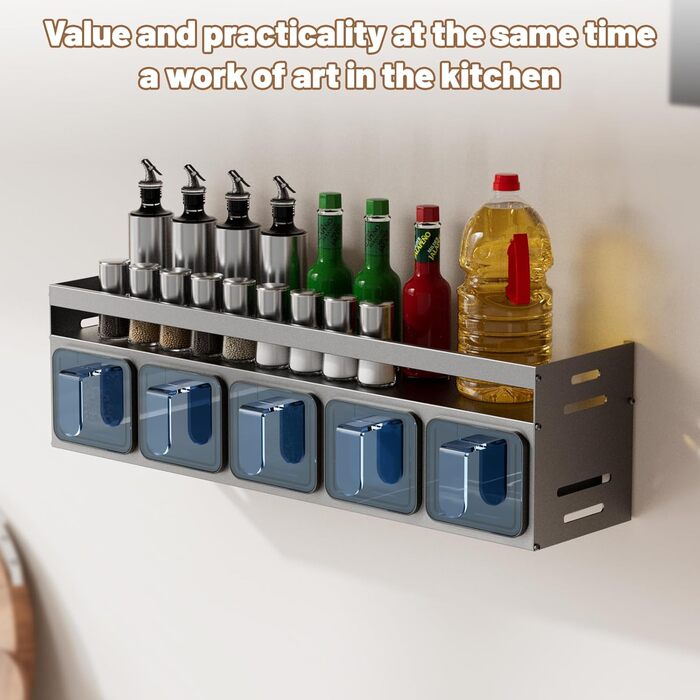 Настінна полиця для спецій Soontrans, 40 x 10,7 x 12,3 см, Кухонна настінна полиця з 5 коробками для спецій, металева полиця для спецій (не потребує свердління), підвісна кухонна полиця, органайзер для спецій для кухонної стільниці та шафи