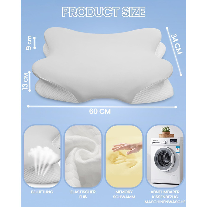 Велика подушка для шиї, подушка для голови, подушка для підтримки шиї, подушка з піни з ефектом пам&39яті, ергономічна ортопедична подушка з наволочкою, подушка для сну на боці, спині та животі - 60 x 34 см x 9/13 см, сірий