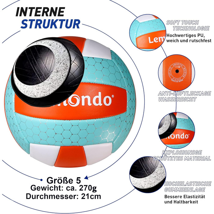 Волейбольний м'яч Lemondo, Розмір 5, М'який поліуретан (PU), Водонепроникний та нековзний, Для приміщень та вулиці (з насосом)