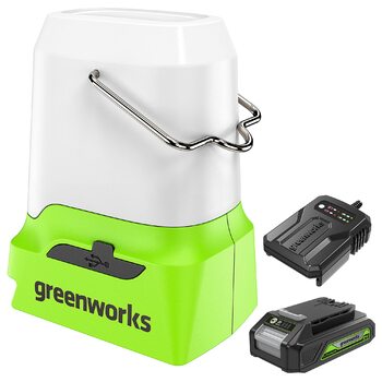 Ліхтар Greenworks 24V, бездротовий, 500 лм, комплект ліхтарів для кемпінгу з портами USB-A та USB-C, акумулятор 2Ah та зарядний пристрій у комплекті