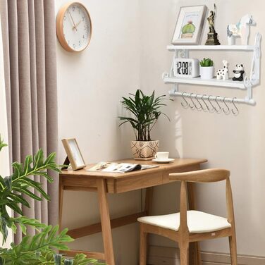 Дерев&39яна настінна полиця, плаваюча полиця, підвісна полиця, 2-рівнева полиця для спецій, кухонна полиця, органайзер для настінних полиць, полиця для ванної кімнати з 8 знімними гачками для ванної кімнати, вітальні, коридору, біла