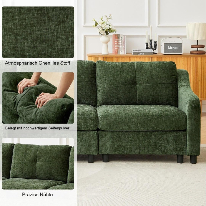 Кутовий диван JIEXI з функцією сну, вельветовий диван, L-подібний диван, кутовий диван, диван-ліжко, 251 см (темно-зелений, 3 місця 1 пуф)