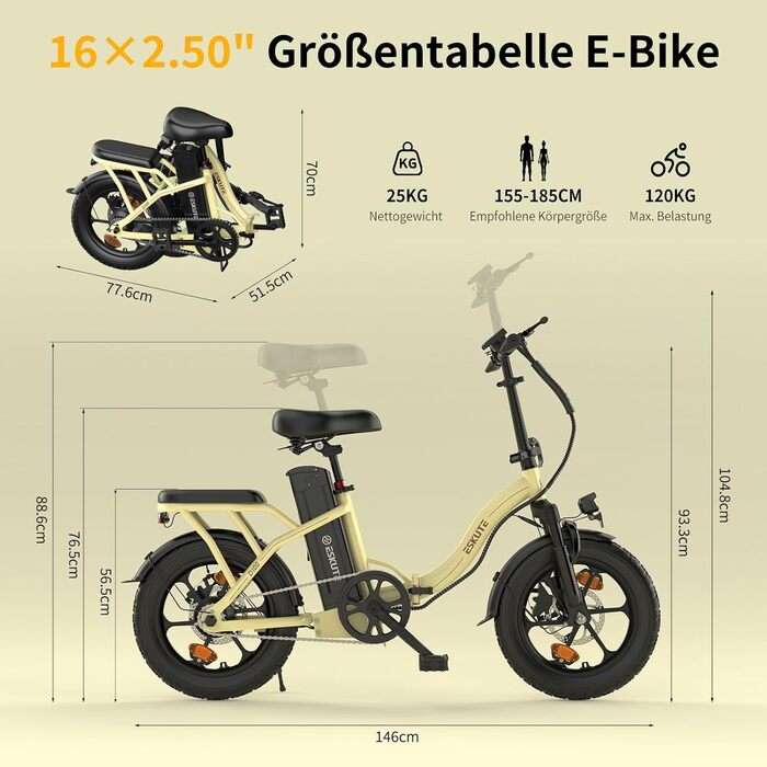 Складаний електровелосипед ESKUTE D100 16 x 2,5 дюйма, електричний велосипед для чоловіків та жінок, фетбайк зі знімним акумулятором 36 В 13 Аг, великий запас ходу до 100 км, складний педальний велосипед для дорослих, світло-жовтий, стандартний