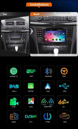 Автомобільне радіо erisin 8 Core Android 13 464 ГБ з навігацією для Mercedes Benz E/CLS Class W211 W219, підтримка Carplay Android Auto, GPS, супутникова навігація, DSP, Bluetooth 5.0, WiFi, Dab, TPMS, DVR, OBD, з DVD-програвачем
