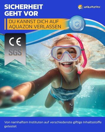 Дитячий комплект для підводного плавання AQUAZON Starfish - Маска для дайвінгу з надзвичайно зручною текстильною пов&39язкою на голову - 7-12 років - включаючи трубку, супер прозоре загартоване скло, синє