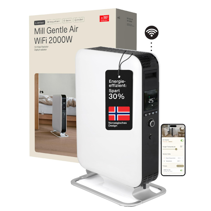 Електричний обігрівач Mill Oil Radator 2000 Вт - Розумний електричний обігрівач з WiFi та додатком, Електричний обігрівач для 24-28 м, Енергозберігаючий масляний радіатор, Тихий та безпечний електричний обігрівач, Розроблено в Норвегії - Білий 2000 Вт (24
