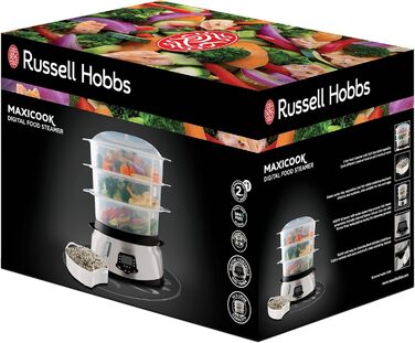 Пароварка Russell Hobbs велика 10,5 л (цифровий дисплей програмований таймер, 3 контейнери для пароварки, які можна мити в посудомийній машині миска для рису / рисоварка 8 тримачів для яєць / яйцеварка, без BPA) 23560-56