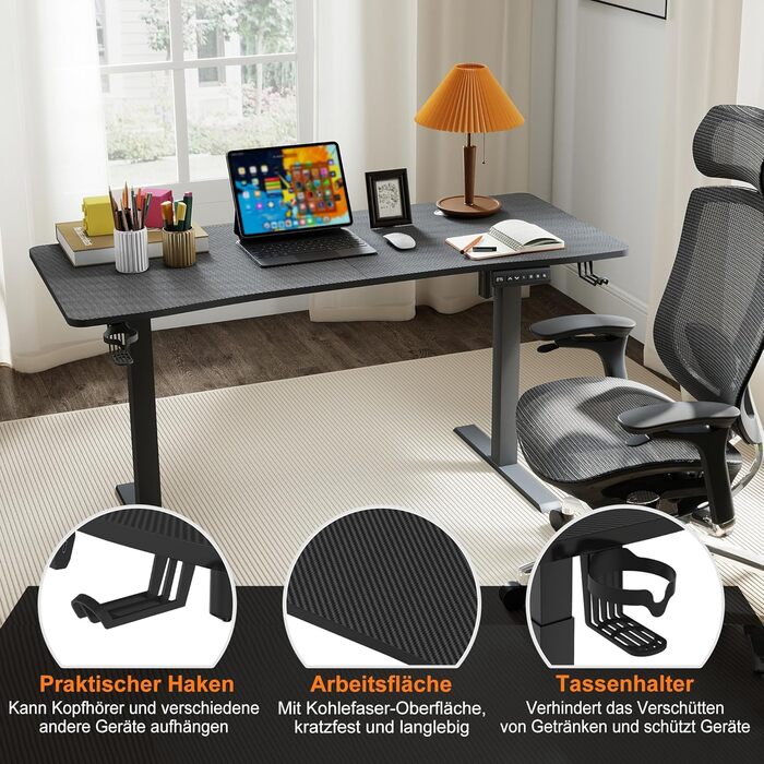 Стіл 140x60 см з електричним регулюванням висоти, карбонова поверхня та порт зарядки Type-C, ігровий стіл з функцією пам&39яті, робоча станція для ПК, стіл для роботи сидячи та стоячи, офісний стіл, чорний 140x60 см чорний