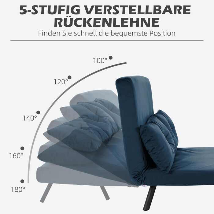 Диван-ліжко HOMCOM 4-в-1, 2-місний диван з функцією сну, 183 x 98,5 см, розкладне крісло-ліжко з 5-позиційною регульованою спинкою, підлокітником, поперековою подушкою, оксамитовий вигляд для вітальні, синій, 102Д x 73Ш x 81В см, тканина під оксамит