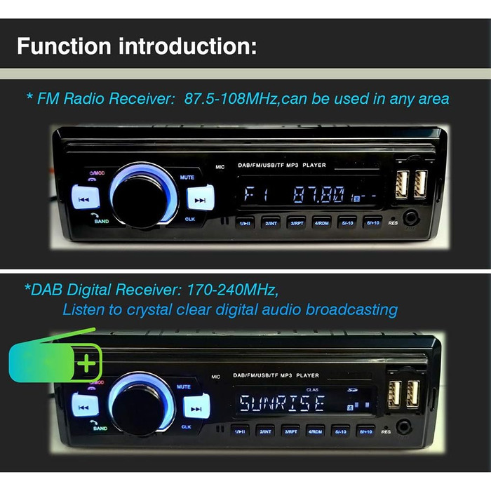 Стереорадіо, цифровий радіоприймач, з двома портами USB, цифровий РК-дисплей, RCA, FM, DAB, автомобільний динамік радіо, чорний