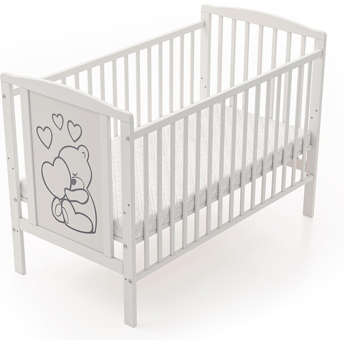 Звичайне дитяче ліжко, дитяче ліжко, ліжко для малюків Timmi з матрацом, виготовлене з масиву дерева, 3 положення регулювання висоти, 60x120 см, біле