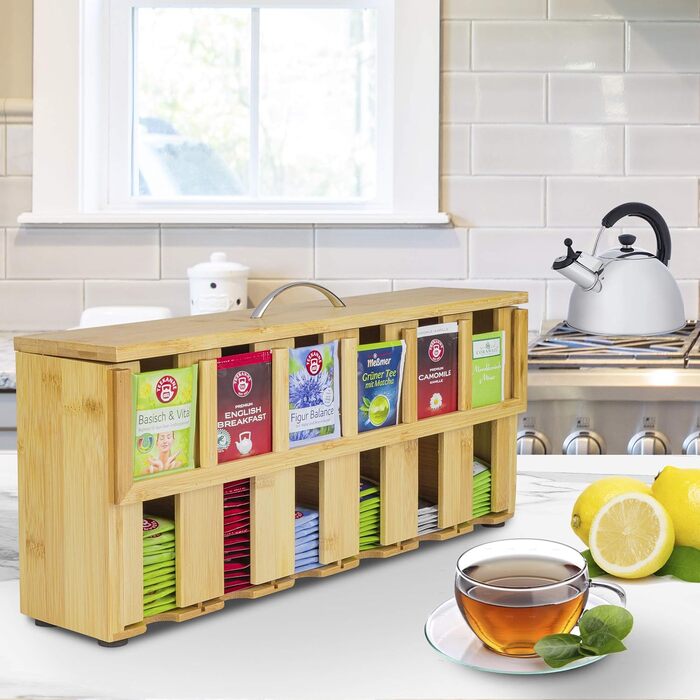 Дерев&39яна чайна скринька ONVAYA Чайна скринька з 6 відділеннями Коробка для чайних пакетиків приблизно на 200 Коробка для зберігання чаю Диспенсер для бамбукових чайних пакетиків Органайзер для чайних пакетиків