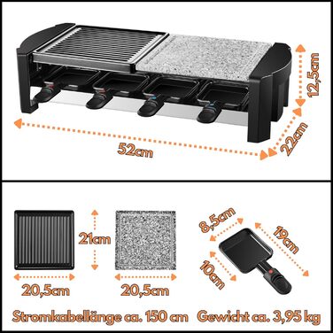 Раклет гриль 8 чол. Прилад для раклету Раклет гриль Вечірка Гриль Електричний гриль Настільний гриль Твердий натуральний камінь І пластина для гриля з покриттям 1300 Вт Нагрівальний елемент з нержавіючої сталі