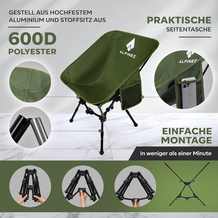 Складане крісло для кемпінгу, легке, регульоване по висоті Невеликий розмір упаковки Складане крісло для кемпінгу Ультралегке крісло для риболовлі Пляжне крісло на ніжках Зелене