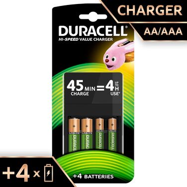 Зарядний пристрій Duracell з 4 годинами роботи, та акумуляторними батареями Ultra HR6DX1500 з низьким саморозрядом (2500 мАг), 4 шт., батарейки типу АА для перезаряджання, 4 шт.