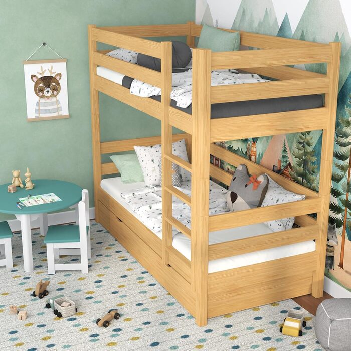 Двох'ярусне ліжко з шухлядою 120х180 см, дитяче ліжко для 2 дітей, 2 сторони складання сходів ліва або права, закруглені краї, міц