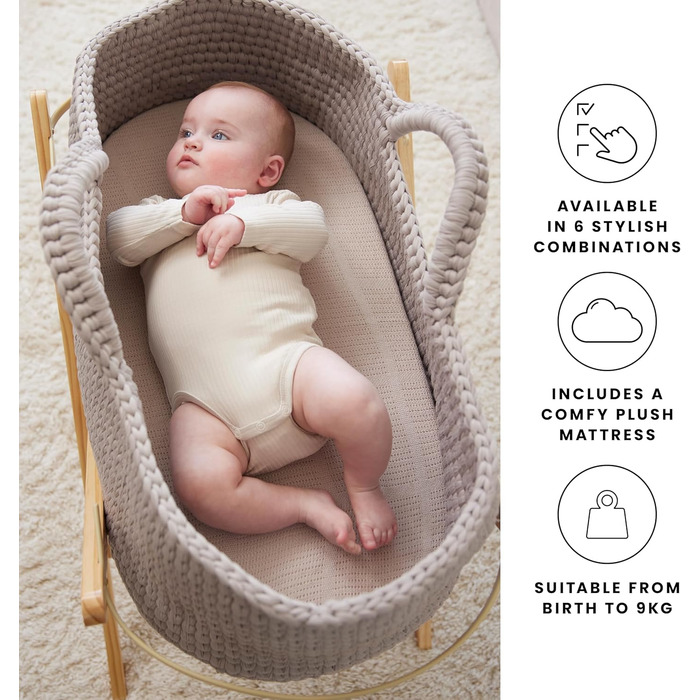 Дитяче ліжечко Ickle Bubba Nova Crochet з розкладною підставкою підходить для дітей від народження до 9 кг, компактне та легке, включає м&39який матрац, ідеально підходить для денного сну вдома або під час подорожей (Хмара/Білий)