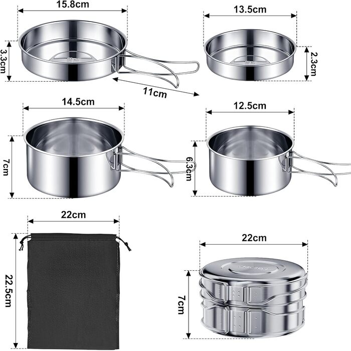 Набір посуду для кемпінгу зі сталі 304 каструлі, сковорода та портативний столовий набір для пікніків, походів та подорожей
