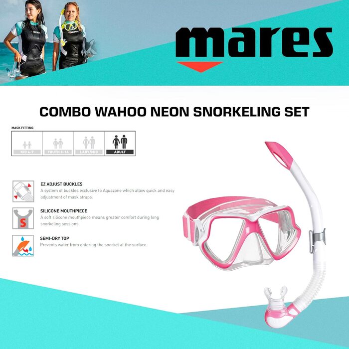 Набір для сноркелінгу Mares Wahoo Neon Combo для дорослих, силіконова маска, напівсуха трубка з клапаном, ідеально підходить для сноркелінгу та підводних досліджень, рожево-білий прозорий