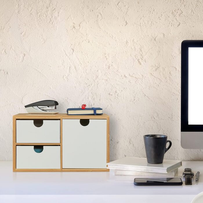 Комод Relaxdays Drawer Box, бамбук та МДФ, міні-комод з 3 шухлядами, висота та ширина 14,5x25x20 см, органайзер для столу, натуральний/білий