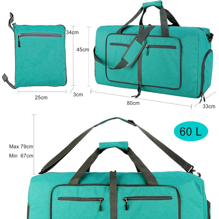 Спортивна сумка-валіза 60л, складана, водонепроникна, з відділенням для взуття, для подорожей, спорту, тренувань, відпочинку (колір зелений конопляний)