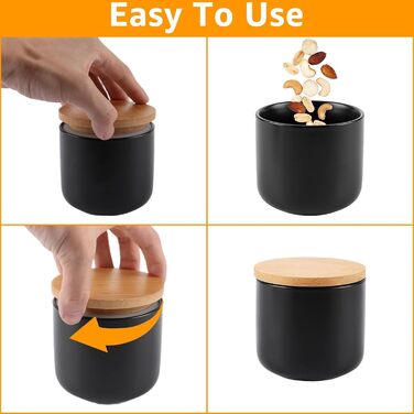 Набір з 4 керамічних контейнерів для зберігання, керамічна банка 260 мл з кришкою, наклейкою та силіконовим кільцем, чорна цукорниця для спецій, цукру, кави