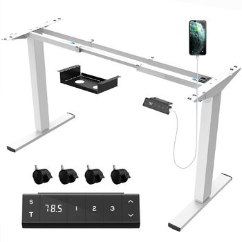 Каркас столу JUMMICO з регульованою висотою, USB-портом та кабельним лотком, електрично регульований каркас столу з колесами, стіл для роботи стоячи (білий)
