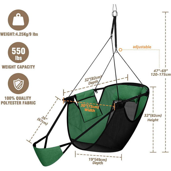 Підвісне крісло Chihee з підставкою для ніг, гамак-крісло з металевим каркасом U-подібної форми, міцне крісло-гойдалка Teslin з тканини Оксфорд з боковими кишенями, підголівник, карабін, міцна опора та повітропроникність, зелений