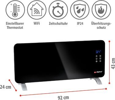 Електричний обігрівач Alpina потужністю 2000 Вт Радіаційний обігрівач з термостатом та 24-годинним таймером Електричний обігрівач для кімнат площею 1020 м Настінний або окремостоячий Радіаційний обігрівач 92x24x43 см Чорний