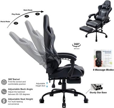 Ігрове крісло Delman, гоночне крісло, офісне крісло, комп&39ютерне крісло, масажна функція з 6 точками вібрації, крісло керівника зі штучної шкіри, ергономічна підставка для ніг 12-0037 (сірий колір)