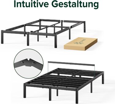 Каркас ліжка Zinus Elias 140x200 см - Металеве ліжко 140x200 з металевою рейковою основою - Платформа заввишки 36 см з простором під нею - Не потрібна пружинна основа - Легке складання - Чорний