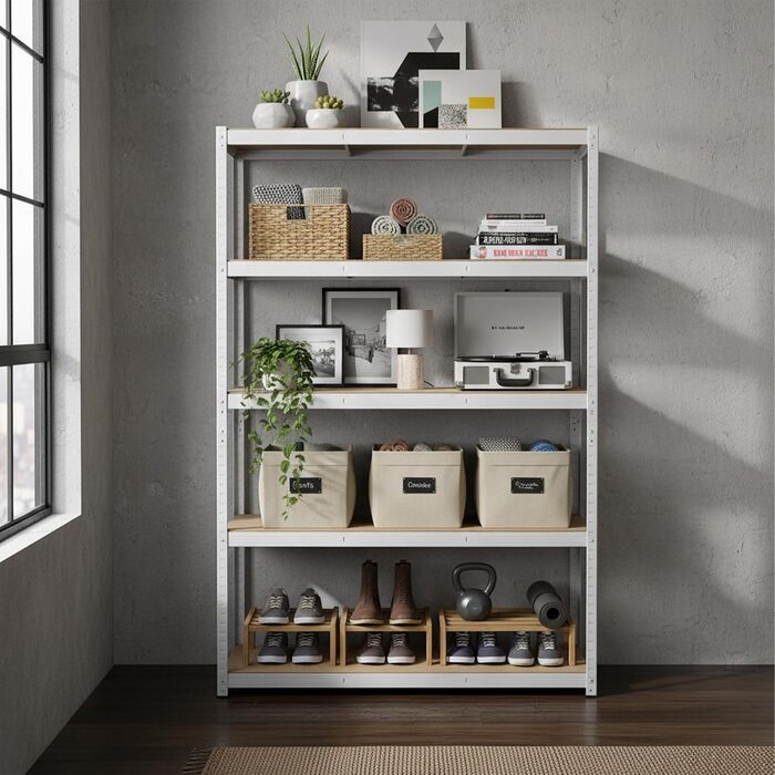 Міцний стелаж Relaxdays, ВxШxГ 200x120x50 см, 875 кг, 5 полиць, полиця для зберігання в підвалі та гаражі, вставного типу, білий/коричневий