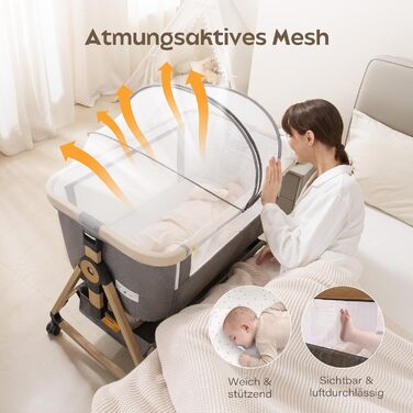 Дитяче ліжечко Maydolly 3-в-1 Універсальне ліжечко, дорожнє ліжечко та колиска, включаючи матрац та москітну сітку Регульована висота за допомогою коліщаток, складається та з сумкою для перенесення Сірий/сірий