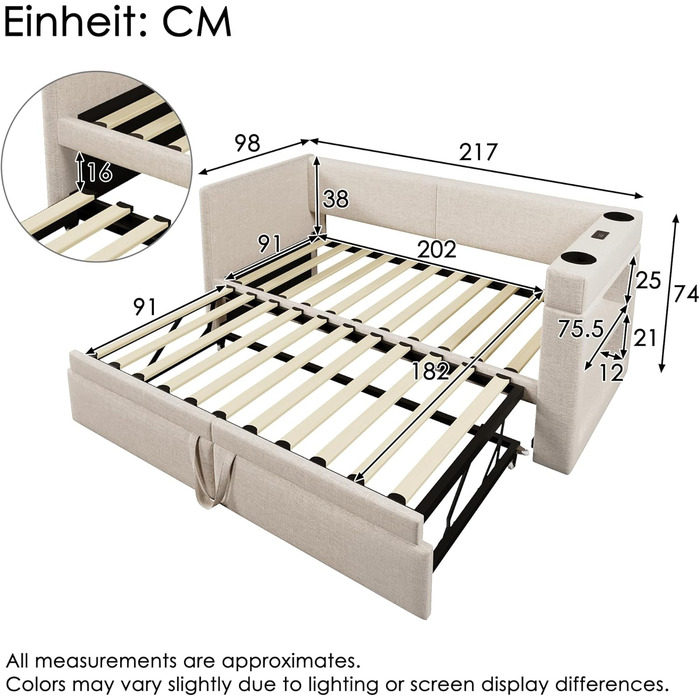 М&39який розкладний диван-ліжко 90/180x200 з USB та портом зарядки Type-C, кушетка з рейковою основою, диван-ліжко, функціональне ліжко, кушетка, без матраца, бежевий бежевий G 90x200